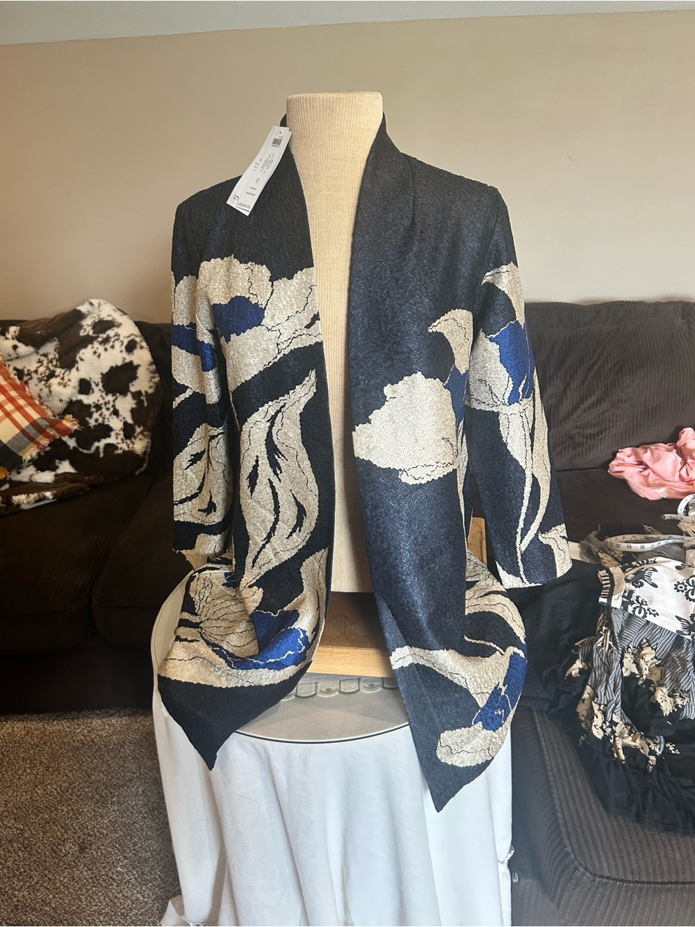 Chico's Black, Cream & Blue Floral Open-Front Cardigan